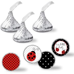 Amanda Creation Little Ladybug Red Polka Dot Birthday Party Kiss Stickers, 300 Circle Stickers, 0.75' for Chocolate Kisses, Party Favors, Goodie Bags