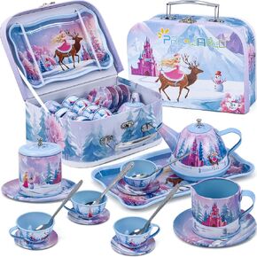 Tea Party Sets for Toddlers 3-5,PRE-WORLD Princess Tea Time Toy with Tray, Teapot, Tea Cups, Cream Pitcher, Sugar Bowl, Coasters, Plates，Kids Kitchen Pretend Play for Girls Boys Age 3 4 5 6