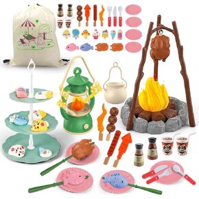 Kids Camping Toys Pretend Play Camping Set 50 PCS with Food Toy, Outdoor Campfire Toys for Kids 3-5 Birthday for Boys Girls 3 4 5 6+ Year Old