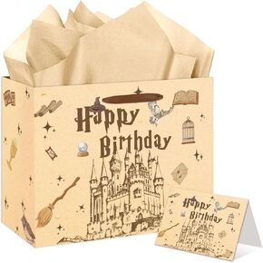 EIGHTSTATES Wizard Happy Birthday Gift Bag - Castle Birthday Party Favors with Greeting Card & Tissue Paper Envelope for Boys/Girls - Halloween Bday Decor for Wizard Parties, Baby Showers