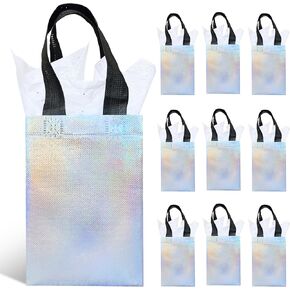 Nihuecne 10 Pack Glossy Iridescent Holographic Gift Bags with Tissue Papers, 7'' Reusable Non-woven Party Bags with Handles & Sturdy Base for Birthday, Wedding, Holiday, Anniversary and More