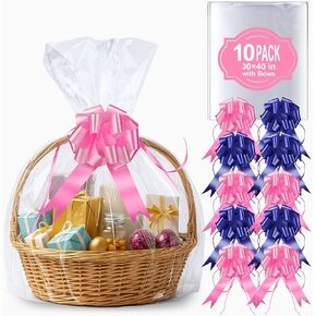 TMIOLUD 10Pcs Large Cellophane Bags, 30x40 Inches Clear Gift Bags, Perfect Cellophane Wrap for Gift Baskets, Presents, Weddings, Birthdays and More (10Pcs Bows Included)