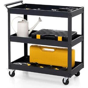 Goplus 3-Tier Utility Cart, Heavy Duty Commercial Service Tool Cart w/Lockable Wheels, 330lbs Load Capacity, Ergonomic Handle, Rolling Mechanic Tool Cart Storage Organizer for Warehouse Garage Red