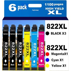 822XL Remanufactured for Epson 822XL Ink Cartridges for 822 XL T822 for Workforce Pro WF-3820 WF-3823 WF-4820 WF-4830 WF-4833 WF-4834 Printer 6 Pack 3 Black 1 Cyan 1 Magenta 1 Yellow