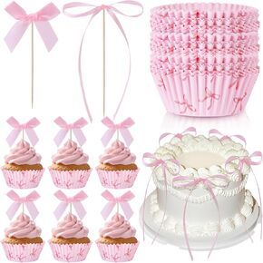 81 Pcs Pink Bow Cupcake Liners Set 50 Pink Bow Cupcake Liners and 31 Bowknot Ribbons Cake Toppers Coquette Birthday Cake Decorations for Bachelorette Bridal Baby Shower Birthday Wedding Party Supplies