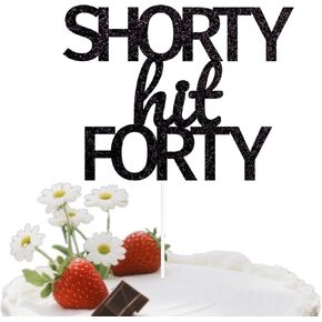 ALISSAR 40th Birthday Cake Topper for Women & Men – Shorty Hit Forty Black Glitter Cake Decorations with Food-Safe Paper Stick– 40th Birthday Party Supplies
