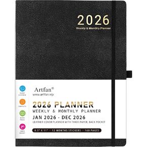 Artfan 2026 Planner - JAN 2026 - DEC 2026, 2026 Planner Weekly and Monthly, Calendar Planner, Leather Cover Planner with Pen Holder, Thick Paper, Notes Pages - Black (8.5" x 11", Back Pocket)