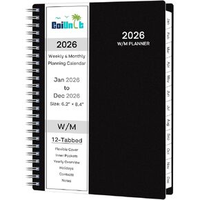 2026 Planner ، Weekly Monthly Planner 2026 ، يناير 2026 - ديسمبر 2026 ، 6.2 "× 8.42" ، غطاء مرن ، 12 علامات تبويب شهرية ، ورق سميك ، سلك دوامة ، جيب داخلي ، أسود