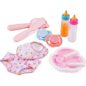 12 PCS Reborn Baby Doll Accessories Set for 12-16 Inch Baby Doll Feeding and Caring Accessories with 2 Magic Bottles, 2 Pacifiers, Mirror, Comb, Bib, Diaper and Tableware