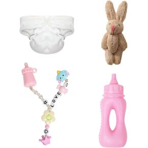 7 Inch Mini Baby Doll Pacifier Clips Accessories Set Miniature Reborn Doll Accessories Feeding Toy for Kids Gift Pink with Mini Diaper Bunny Dolls Bottle (4 pcs)