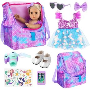 UNICORN ELEMENT 18 Inch Doll Carrier Bag Set with Doll Clothes, 8 Items 18 Inch Girl Dolls Accessories Including Dress, Doll Shoes, Sunglasses, Hair Clip, Camera, Toy Phone, Mermaid Stickers