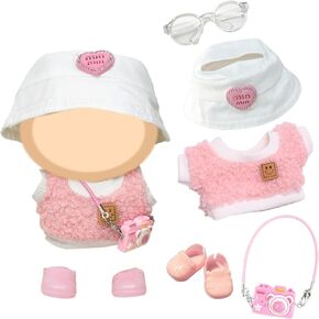 4 Pieces Doll Clothes and Accessories for 17 cm Dolls , Cute Casual Doll Outfit Include 1 Pink Smiley Knit Short Sleeve 1 Sun Hat 1 Camera Charm 1 Glasses 1 Shoes for Girls ,No Doll
