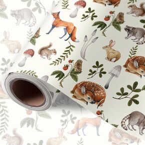 FYSUIMU Woodland Theme Wrapping Paper -Mini Roll- 17 Inch x 32.8 Ft Vintage Forest Animal Mushroom Gift Wrap Paper Art Paper for Birthday Baby Shower DIY Craft