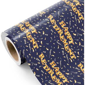 WRAPAHOLIC Retirement Wrapping Paper Roll - Mini Roll - 17 Inch x 16.5 Feet - Blue and Gold Happy Retirement with Confetti Design, Perfect for Retiree, Colleagues, Party