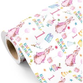 WRAPAHOLIC 1st Birthday Wrapping Paper - Mini Roll - 17 Inch x 16.5 Feet - Adorable Rabbit and Happy Birthday Wrapping Paper Perfect for Kids Girls, Baby Shower