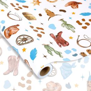 JarThenaAMCS Little Cowboy Wrapping Paper -Mini Roll- 17 Inch x 32.8Ft Blue Brown Cowboy Hat Clothes Cactus Gift Wrap Art Paper for Western Birthday Baby Shower Supplies
