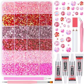 Audab B7000 Glue مع أحجار الراين 18000pcs لصياغة ، مسطحة راينستون مجموعة الأحجار الكريمة غير الساخنة مع غراء مجوهرات واضح لأحذية ملابس البهلوان الماكياج صنع المجوهرات