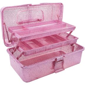 Plastic Storage Bins,Glitter Pink Three-Layer Multipurpose Art & Craft Storage Container, Carry Tackle Organizer, Medicine Cosmetic Art Supply Box for Art Supply Makeup Hair Accessories Painting Tools
