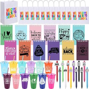 Eaasty 48 Pcs Back to School Gifts 12 Plastic Cups 24 oz with Lids and Straw 12 Inspirational Mini Notebook 12 Ballpoint Pen 12 Welcome Bags First Day of School Party Favors for Classroom Rewards