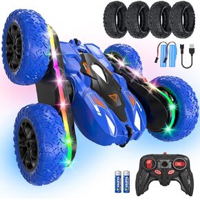 Remote Control Car with LED-Strips: RC Cars for Kids Ages 6-12 Home/After School - 360° Flips Stunt Toy Cars 40 Min Playtime with Dual Batteries & Extra Tires - Birthday Gift for Boys Girls