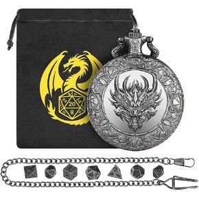 Mini DND Dice Set, with Steampunk Dragon Head Pocket Watch Shell Case, 7-Piece Polyhedral Metal D&D Dice, DND Gift Bag with Dragon Logo, RPG, MTG, Role Play Board Game Accessories, Bronze