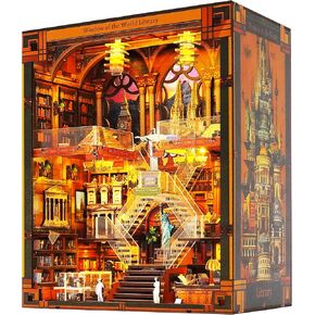 Book Nook Kit - DIY Miniature World Library Booknook - 3D Wooden Puzzle with LED Lights - Creative Bookshelf Insert & Educational Gift for Adults
