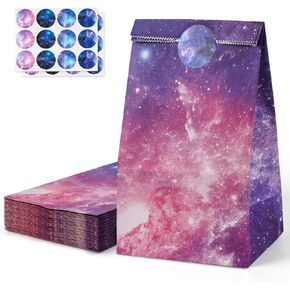 LovesTown 24 Pack Party Favor Bags, 4.7x3.1x8.7 Inch Goodie Treat Bags with Stickers Space Galaxy Print for Kids Birthday Party Supplies