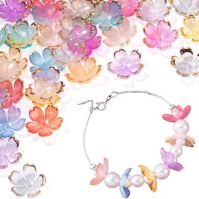 100pcs Cherry Blossom Beads for Jewelry Making, Colorful Gradient 5-Petal Acrylic Flower Beads, Gold-Plated Mini Spacer Charms for Bracelets Necklaces Earrings Keychains Sweater Chain Curtain