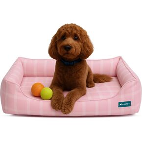 Orthopedic Bolster Dog Bed – CertiPUR-US Foam, Recycled Polyester Canvas, Washable Cover, Anti-Slip Bottom, Large, Pink Check – Stylish Designer Dog Sofa
