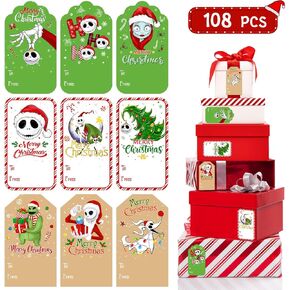 108 PCS Tags for Presents, Nightmare Xmas Gift Stickers, Self-Adhesive Paper Labels for Bags, Party Wrapping Decorations (2.95 x 1.65 Inch)