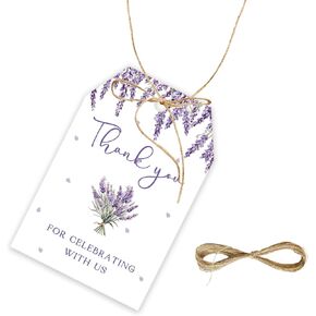 50pcs Lavender Thank You Tags, Watercolor Floral Gift Tag with String for Wedding Party, Lavender Thank You Paper Tags for Bridal Shower/Birthday Party Favors