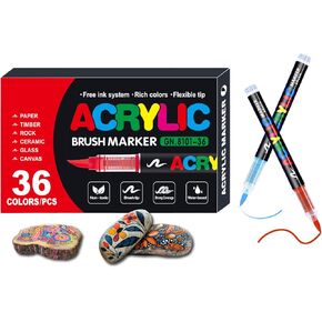 36 Colors No bleeding Non-Toxic Multi-Surface Flexible Tip Acrylic Paint Brush Markers Set, Water-Based Painting Art Pens for Canvas, Glass, Wood, Paper, Ceramic
