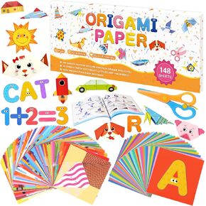 Wxqfumy Kids Craft Origami Paper Kit for Kids Ages 5-8 8-12, with Guiding Book Scissor & 94 Patterns, DIY Art Skills Projects Birthday Gifts Travel Toys Activity for Boy Girl, Color Folding Paper Set