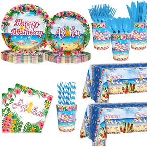 194pcs Hawaiian Aloha Decorations for Happy Birthday Party Plates, Cup, Napkin, Tablecloth, Tableware, Summer Beach Holiday Party Birthday Party Supplies Plates Serve 24 Guests