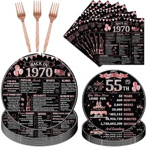55 Birthday Decorations for Women, 96PCS Back in 1970 55th Party Plates Napkins and Forks Tableware, Rose Gold Disposable Cheers to 55 Years Dinnerware Supplies 24 Guests