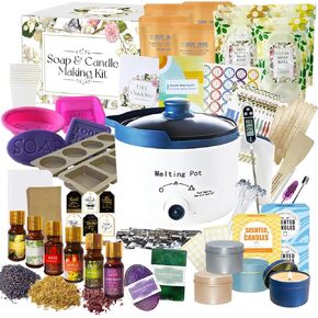 Piuh 2-in-1 Candle & Soap Make Kit للمبتدئين ، كل ذلك في مجموعة واحدة كاملة من DIY Craft لإنشاء قضبان الصابون المصنوعة يدويًا + شموع معطرة مع بوتقة ذوبان ، شمع ، قاعدة صابون ، قوالب ، زيوت العطور والأصباغ