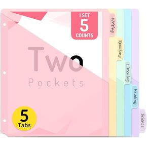 Forvencer 5 Count Dividers with Pockets, 5 Tab Dividers for 3 Ring Binder with Pockets, Subject Divider with Pocket, Premium Quality Notebook Divider with Pocket, Multicolor, 1 Set