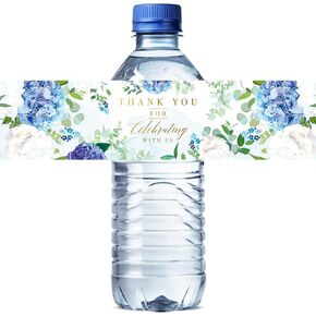 Mobiusea Creation Wedding Water Bottle Labels | Blue Floral Gold Foil | 50pcs Water Bottle Labels for Wedding, Bridal Shower, Birthday, Baby Shower and Party