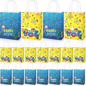 24 Pcs Cartoon Themed Paper Bags Happy Birthday Gift Bags with Handle Ocean Pineapple Goodie Bag Blue Yellow Candy Bag for Birthday Baby Showers Party favors