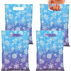 50 Pcs Winter Snowflake Party Favor Bags, Blue and Purple Snowflake Goodie Bags Bulk with Handles, Holiday Plastic Gift Candy Bag for Birthday Christmas Winter Wonderland Party Supplies