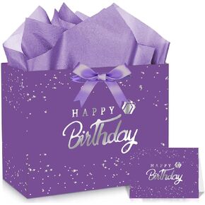 EIGHTSTATES Purple Happy Birthday Gift Bag Set for Women & Girls – Large 13" Birthday Bags with Handles, Wrapping Paper, Card & Envelope – Premium Party Favors, Decorations for All Ages