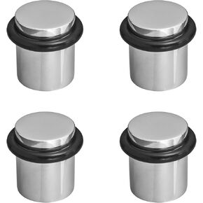 Premium Polished Chrome Door Stop with Rubber, Residential or Commercial Use - 4 Pack - Cylindrical Round Design, Door Stoppers Wall Protector, Door Stops, Screw On (Chrome, Thin Rubber)