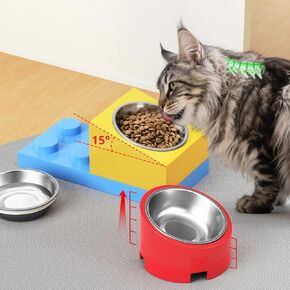Building Blocks 4 Dish Cat Bowl Raised Food Bowls for Wet Food Random Splicing,304 Stainless Steel Slow Feeder Tilted Cat Bowl for Fast Eaters Prevent Black Chin Anti-Tipping