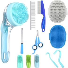 12 in 1 Dog Bath Brush for Shedding Pet Grooming Scrubber with Soap and Shampoo Dispenser Nail Clipper File Deshedding Undercoat Rake Comb for Long Short Haired Dog Pets