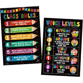 AmazingSpark 2 Pack Classroom Rules Poster, Voice Level Chart 16. 5" x 11. 2" Colorful Educational Poster for Classroom Decorations Elementary Preschool Middle School Back to School Teacher Supplies