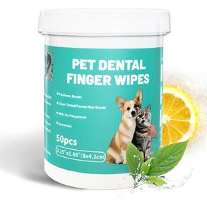 Dog Teeth Dental Finger Wipes for Dogs & Cats No-Rinse Dog Finger Toothbrush Dog Plaque & Tartar Prevention with Brushing Beads Dog Breath Freshene 50pcs