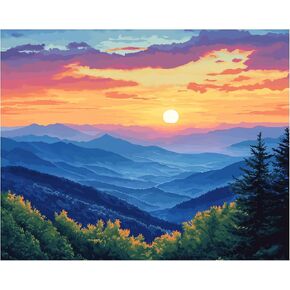 Great Smoky Mountains National Park Paint by Number, Smoky Mountains Paint by Number Kits, Mountain Paintings Easy DIY Oil Canvas Home Wall Decor - Sunset Mountain Trees Landscape(16x20inch)