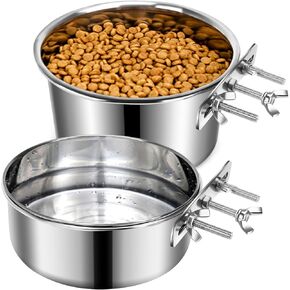 Large Dog Crate Water Bowl No Spill, 2 Pack Stainless Steel Dog Bowls for Food and Water, Pet Kennel Hanging Dogs Food Bowls for Medium/Large Dogs and Cats (7.1"x3.7" & 6.3"*2.6", Silver)