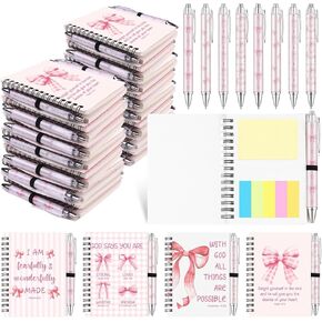 16 Pcs Christian Coquette Pink Bow Spiral Notebooks Bible Verse Ballpoint Pens Religions Cute Aesthetic Journals Notepad Retractable Pen for Office Supplies