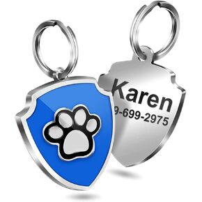 Personalized Dog Tag Custom Shield Stainless Steel ID Tag Paw Print Laser Engrave Name Number Address Unique Gift Supplies for Pets (Blue)